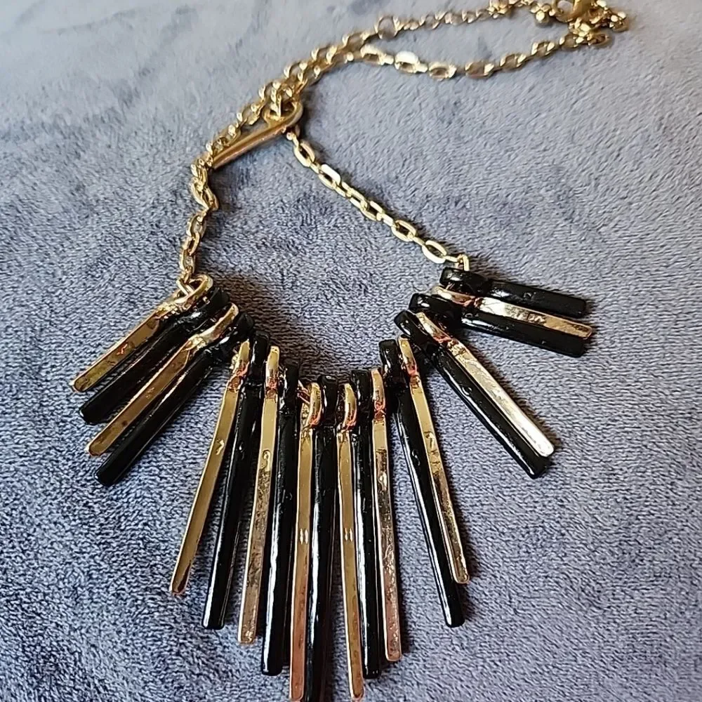 Vintage Tribal Bib Necklace Gold Black Faux Diamonds